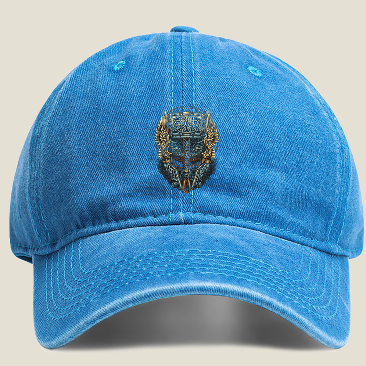 Thor's Hammer Mjolnir with Norse Symbols and Wings - Washed Denim - Baseball Cap