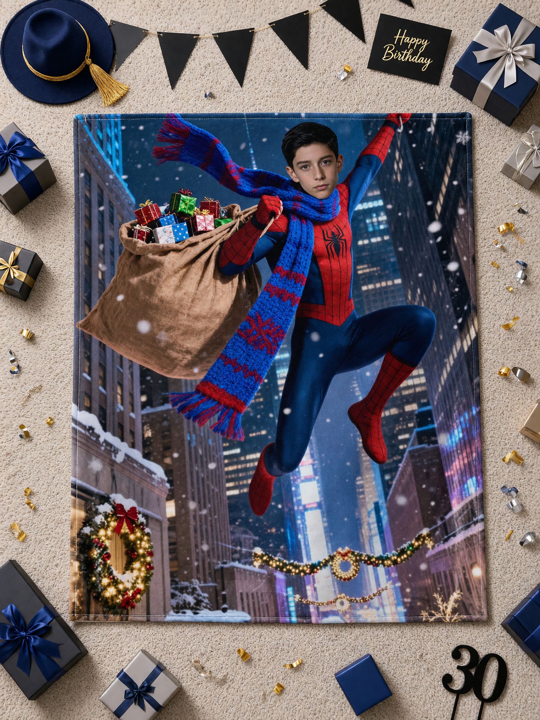 Custom Photo Superhero Christmas Flannel Fleece Blanket Skin Friendly Warm Plush Throw Personalized Holiday Keepsake