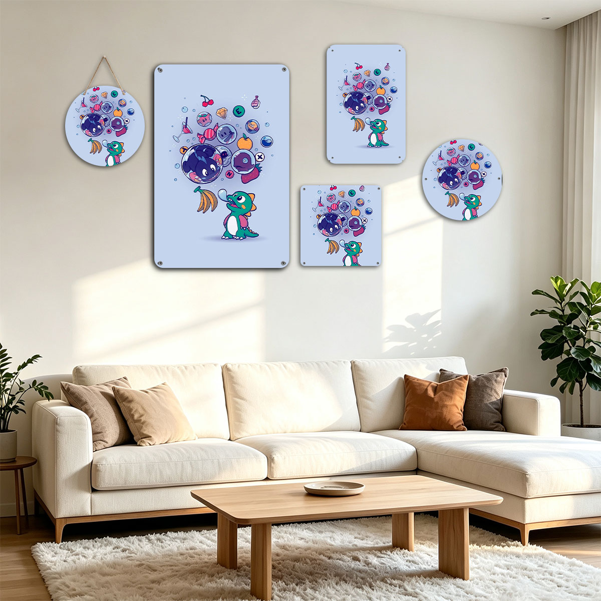 Cute Dragon Blows Bubbles with Game Icons and Fruits - painting