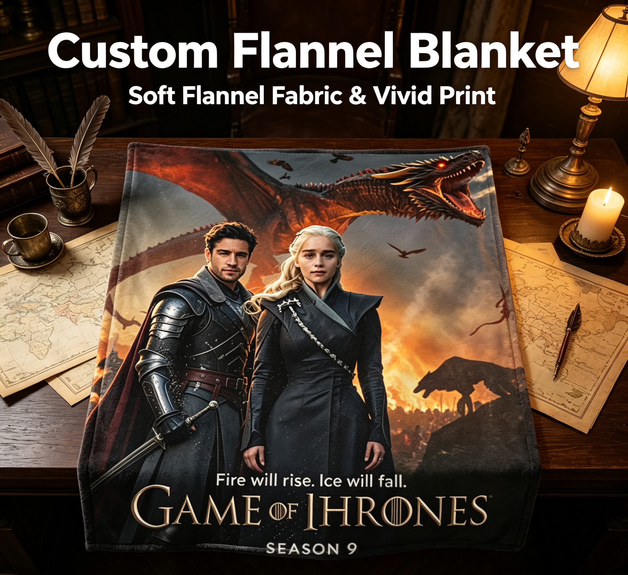 Custom Face Blanket Game of Thrones Season 9 Flannel Blanket for Couch, Bed, or Travel Perfect Gift for Fans and Collectors