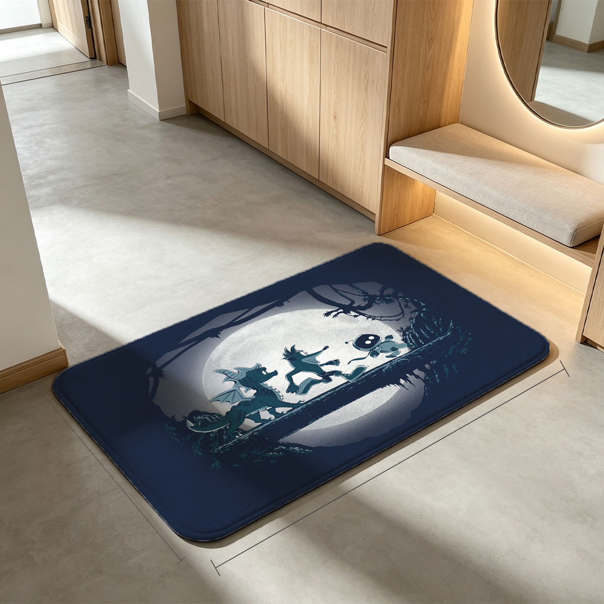 Night Run: Dragon, Wolf, and Robot Under Full Moon - Flannel floor mat