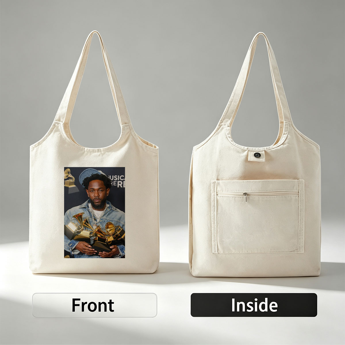 Kendrick Lamar at the Grammy Awards Holding Multiple Trophies - Canvas shoulder bags/