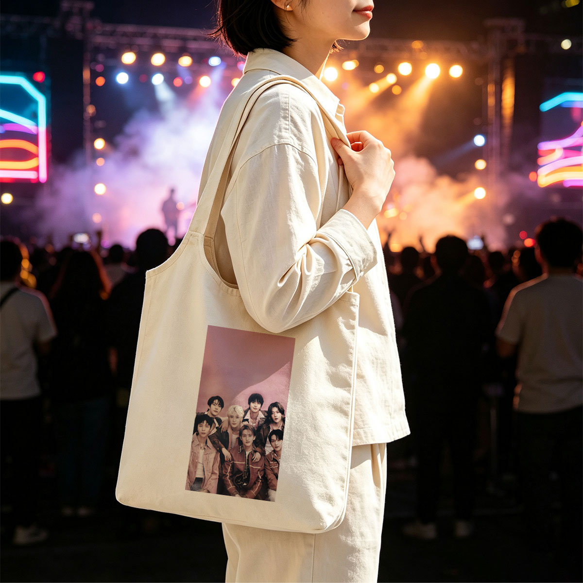 SEVENTEEN Group Photo in Cozy Pink Outfits Against Soft Pink Background - Canvas shoulder bags/