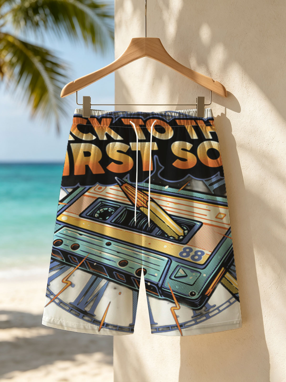 Back to the First Song: Cassette Tape with Pen and Clock Design -  Beach shorts
