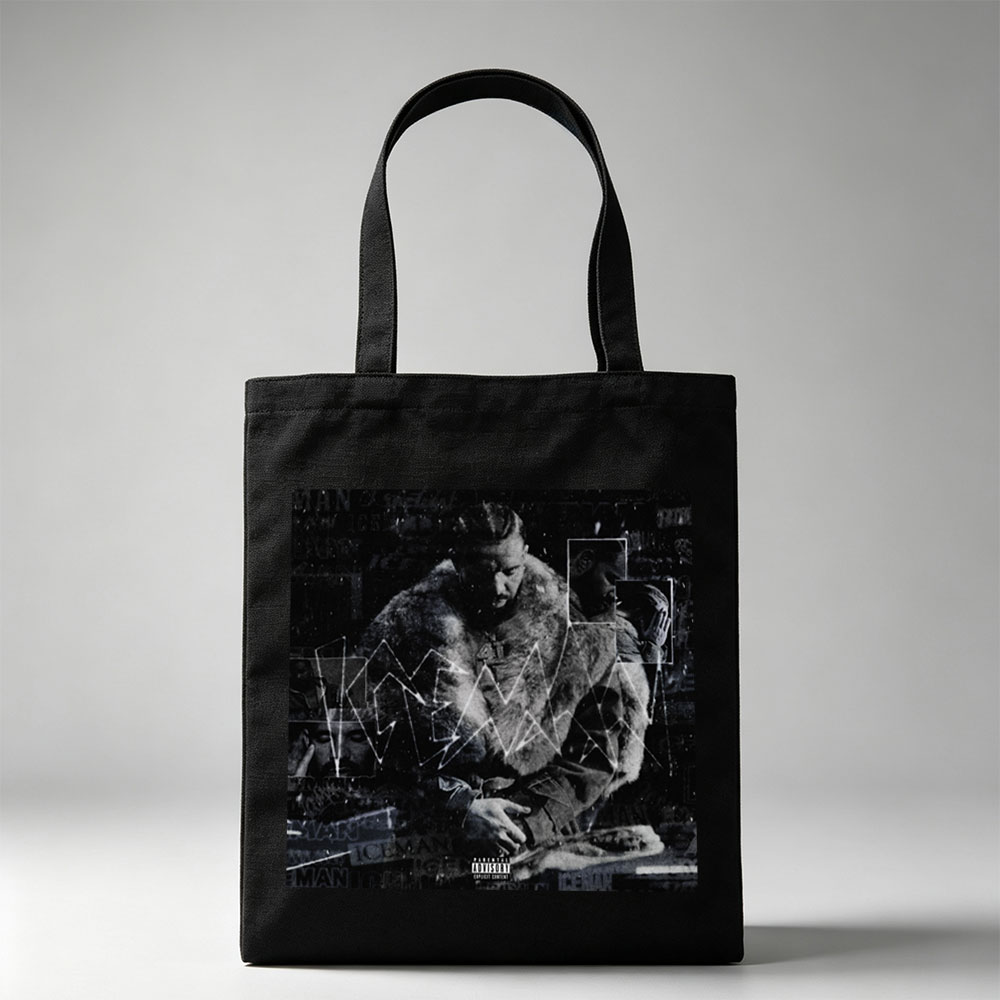 Kendrick Lamar in a fur-lined coat with geometric overlays and collage elements on a dark, textured background - Canvas tote bags