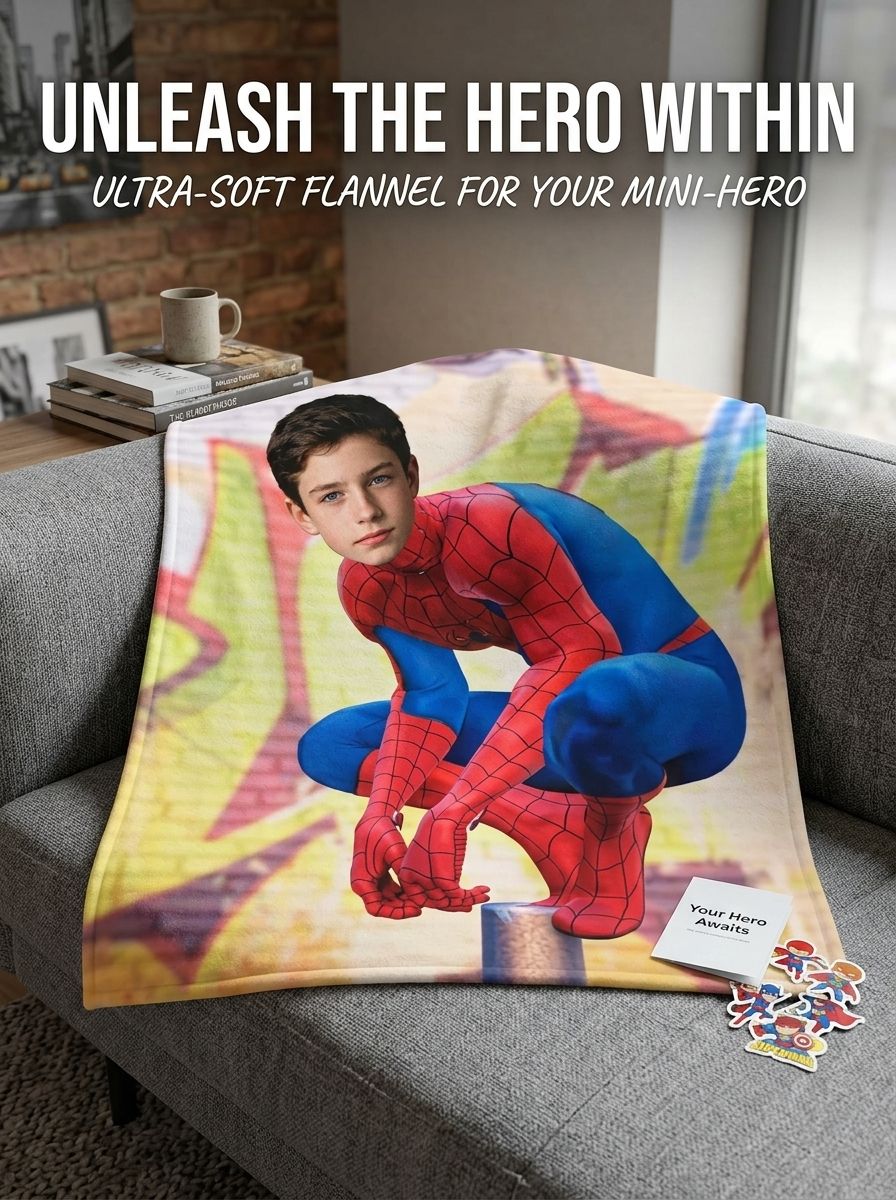 Custom Photo Superhero Flannel Blanket, Ultra Soft Personalized Face Fleece Throw, Warm Cozy Birthday Gift for Kids