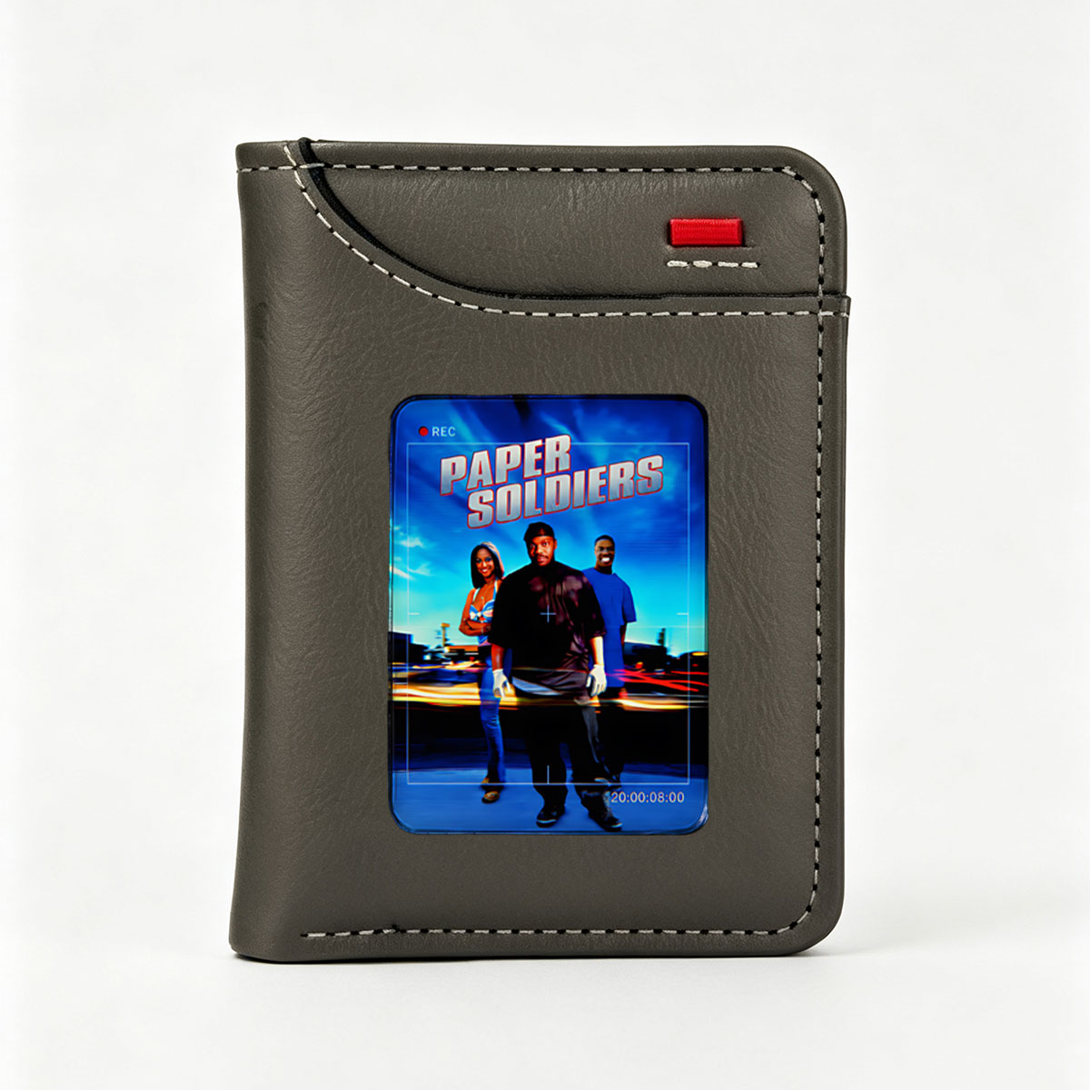 Paper Soldiers: Three Characters in Action Pose with Urban Background and Recording Interface Overlay - Vertical Style Wallet