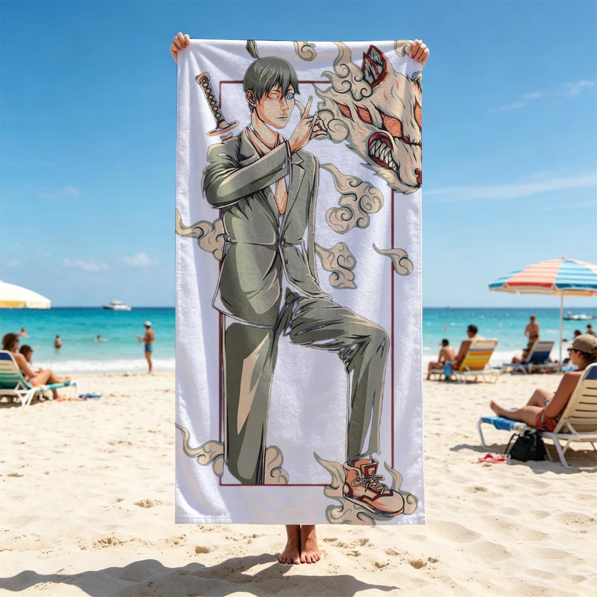 Anime Character with Sword and Fox Spirit, Stylish Suit and Sneakers - Beach towels