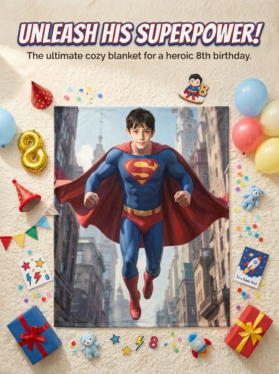 Custom Face Superhero Flannel Blanket Personalized Flying Hero Photo Throw Cozy Plush Bed Couch Gift