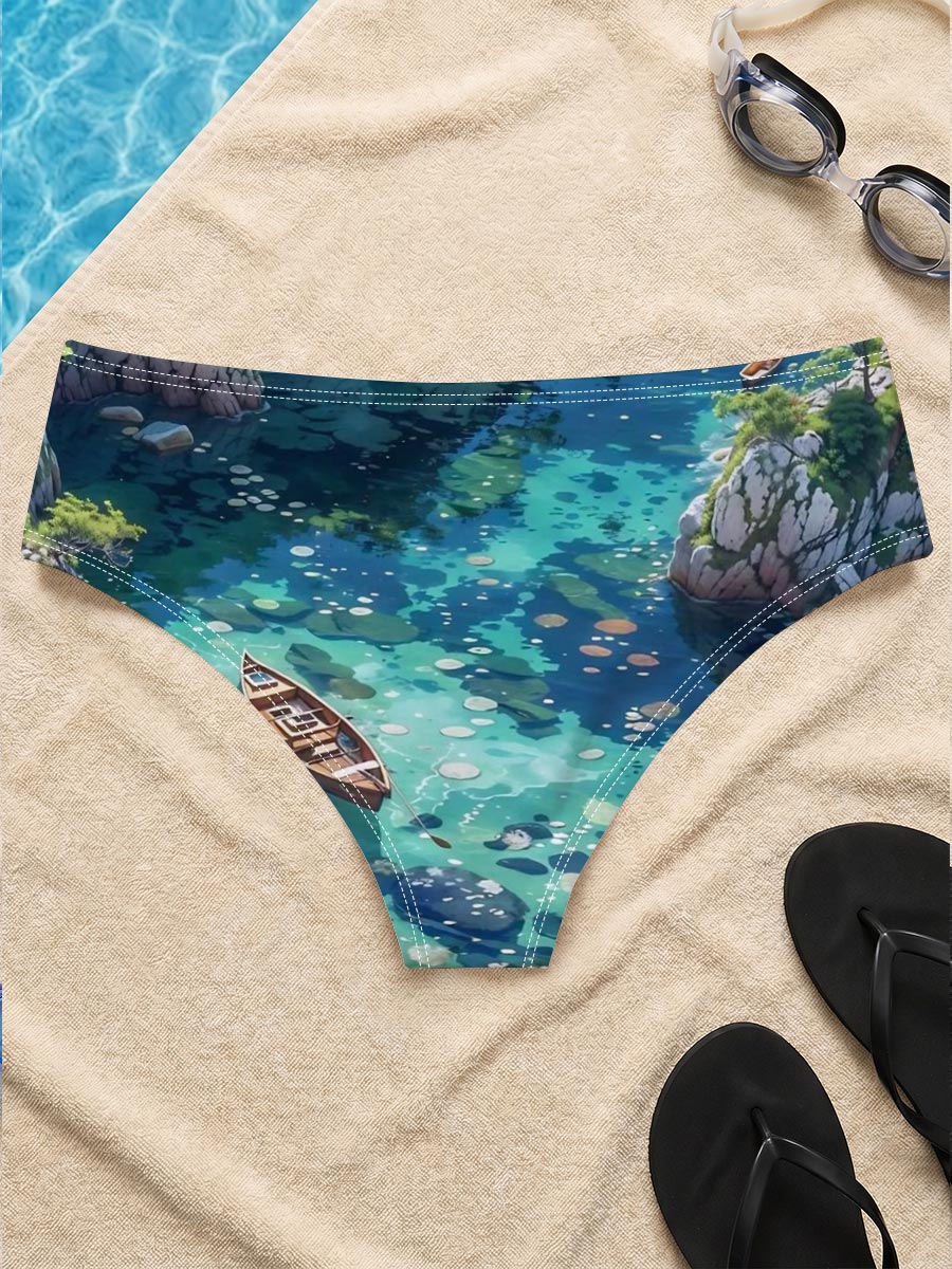 A serene boat floats on crystal-clear waters surrounded by rocky cliffs and blooming flowers. -  Men's swim trunks