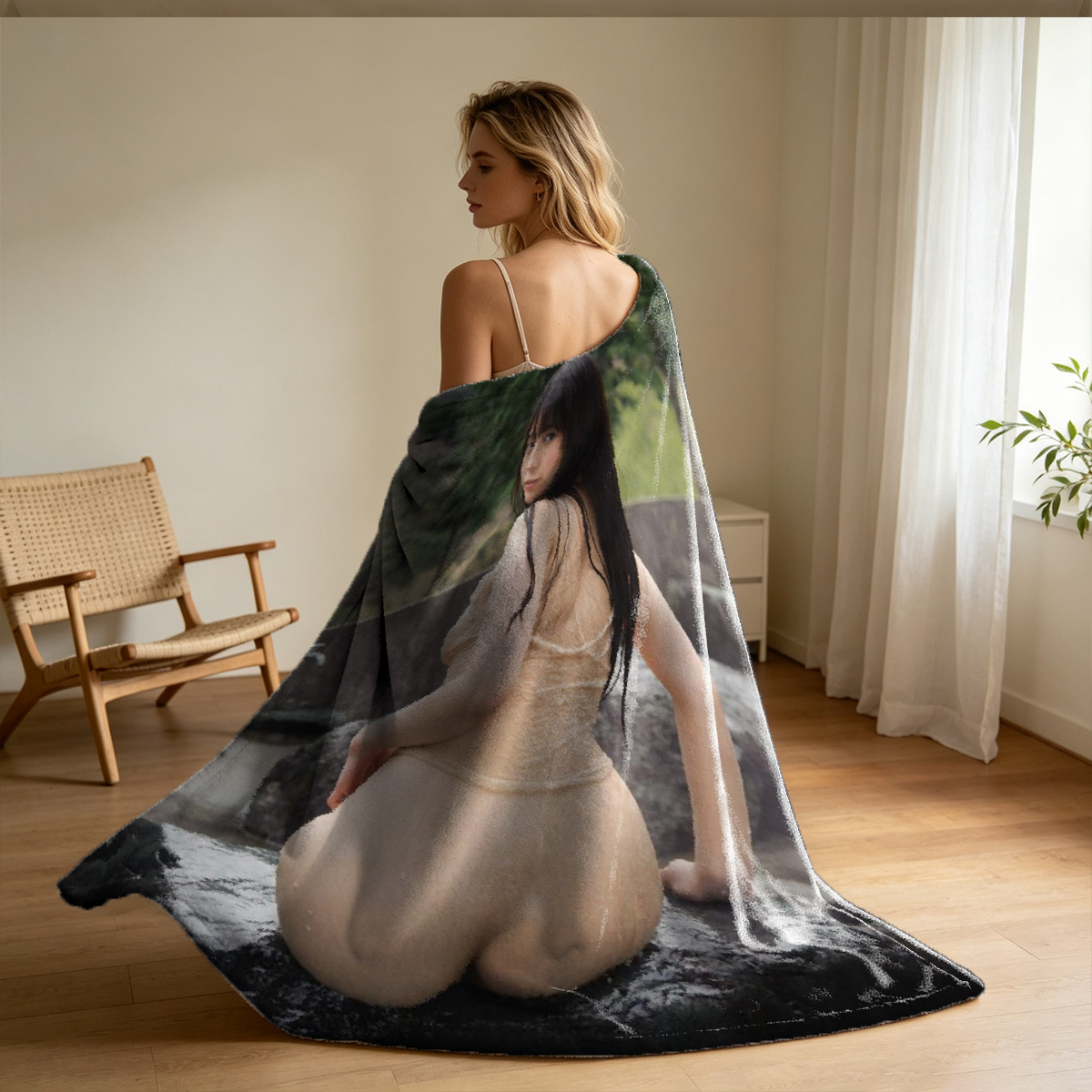 Nude Blonde Kneeling on Couch from Behind - Blanket