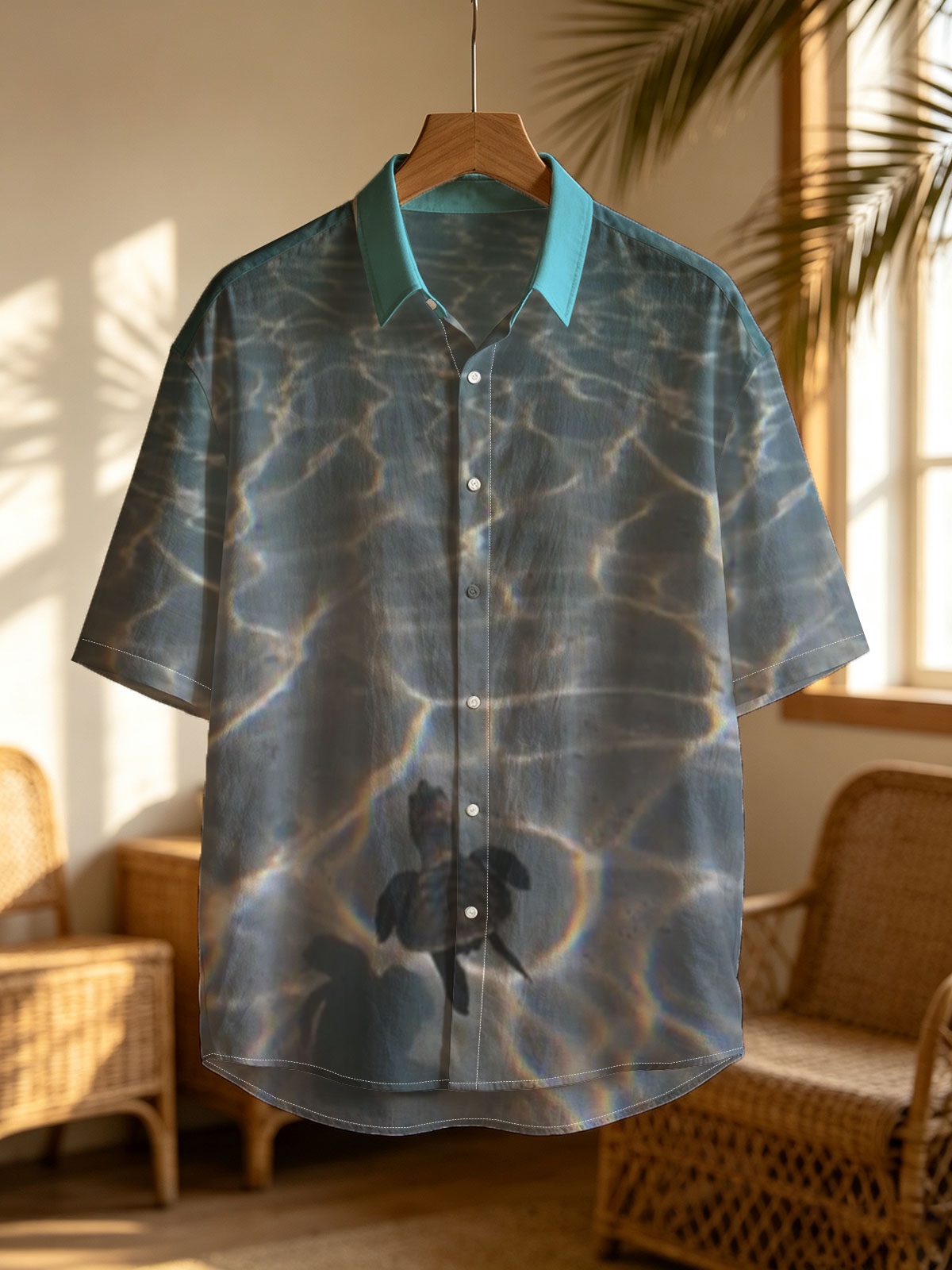 Sea turtle swimming over sandy ocean floor with sunlit ripples -  Shirt