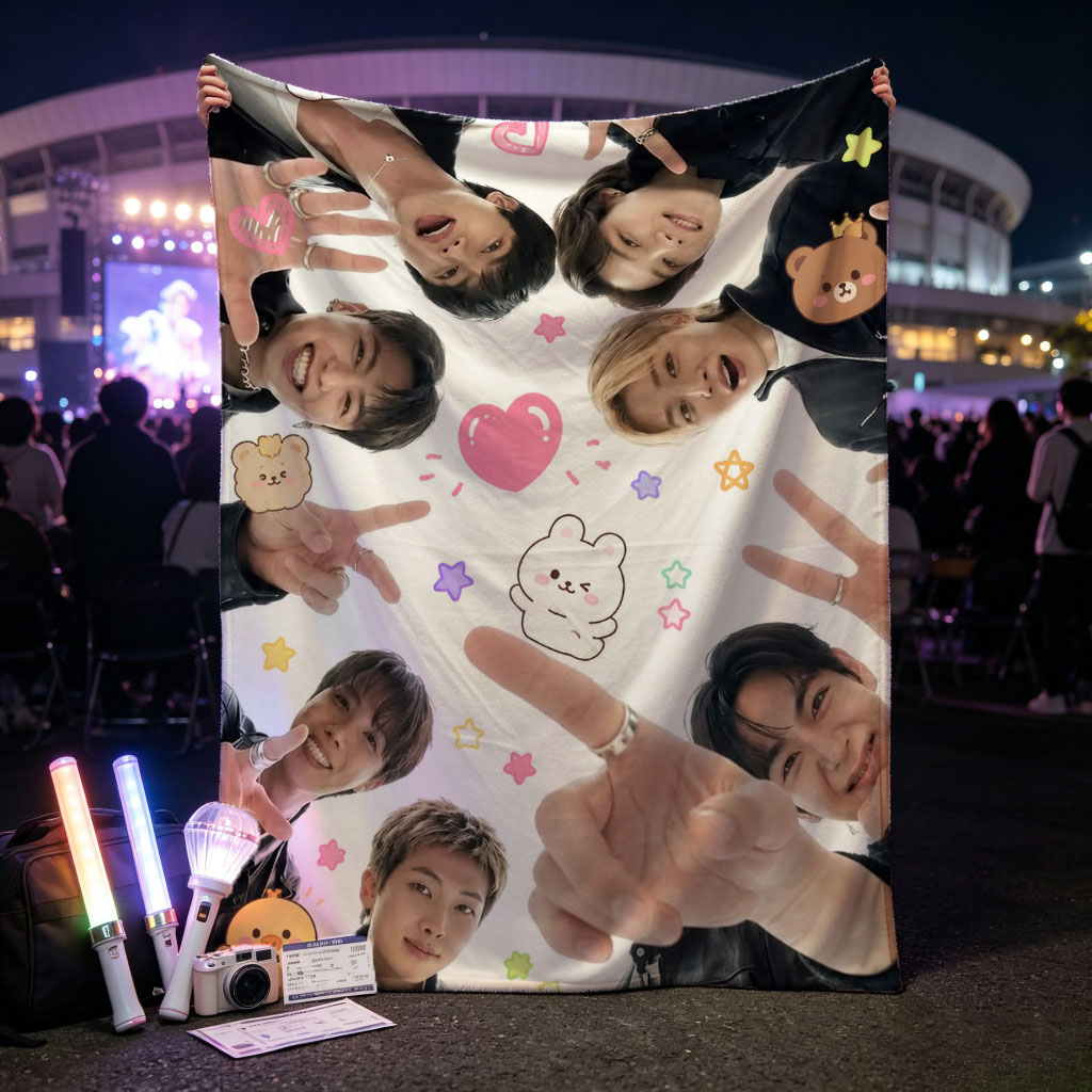 BTS Members in a Circle with Cute Stickers and Peace Signs - Blankets