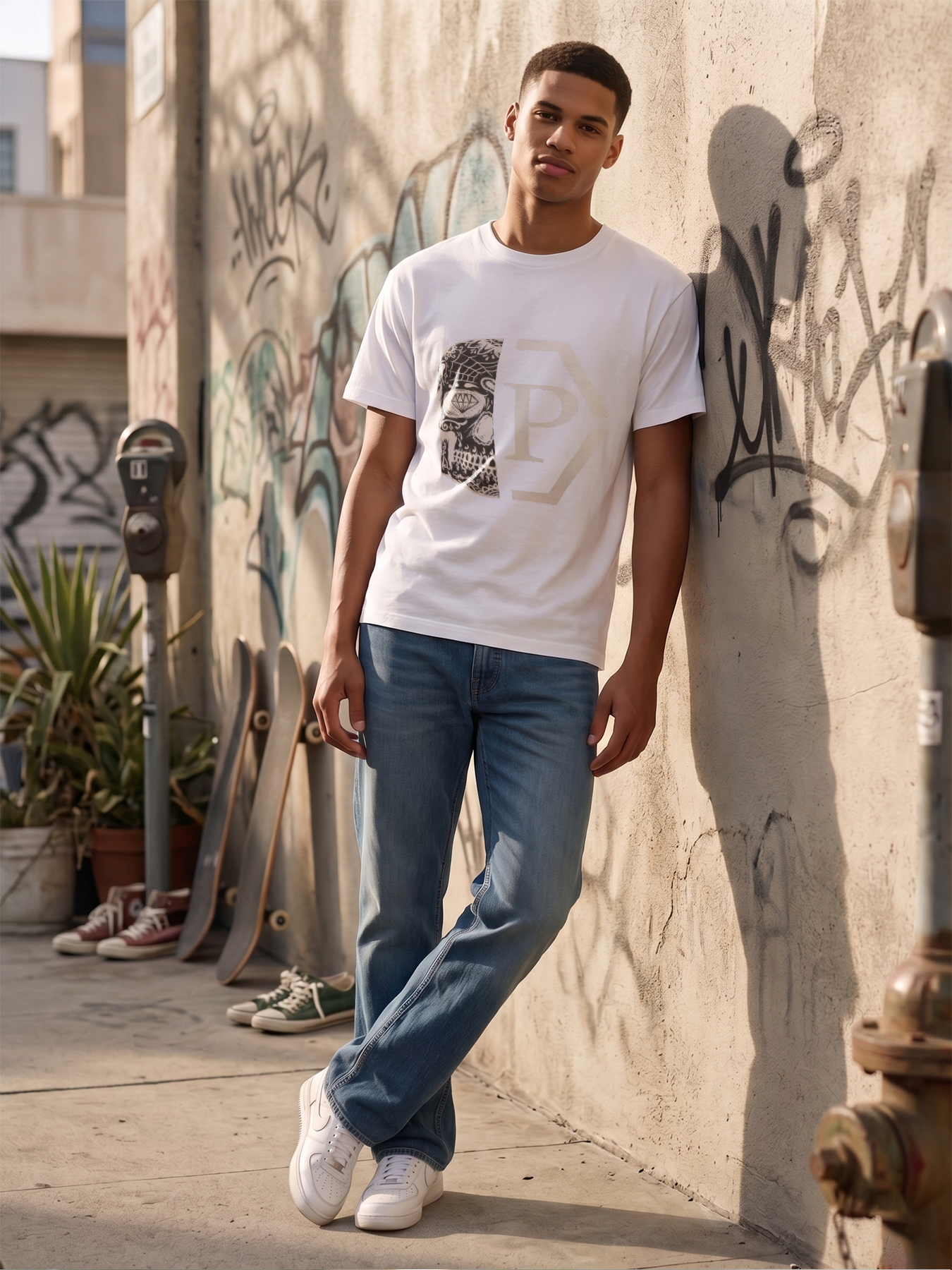 Men's Printed T-Shirt Skull Pattern with Geometric Letter P Design Casual Round Neck Summer Lightweight Breathable Short Sleeve T-Shirt for Urban Streetwear Fashion Lovers and Trendy Adults