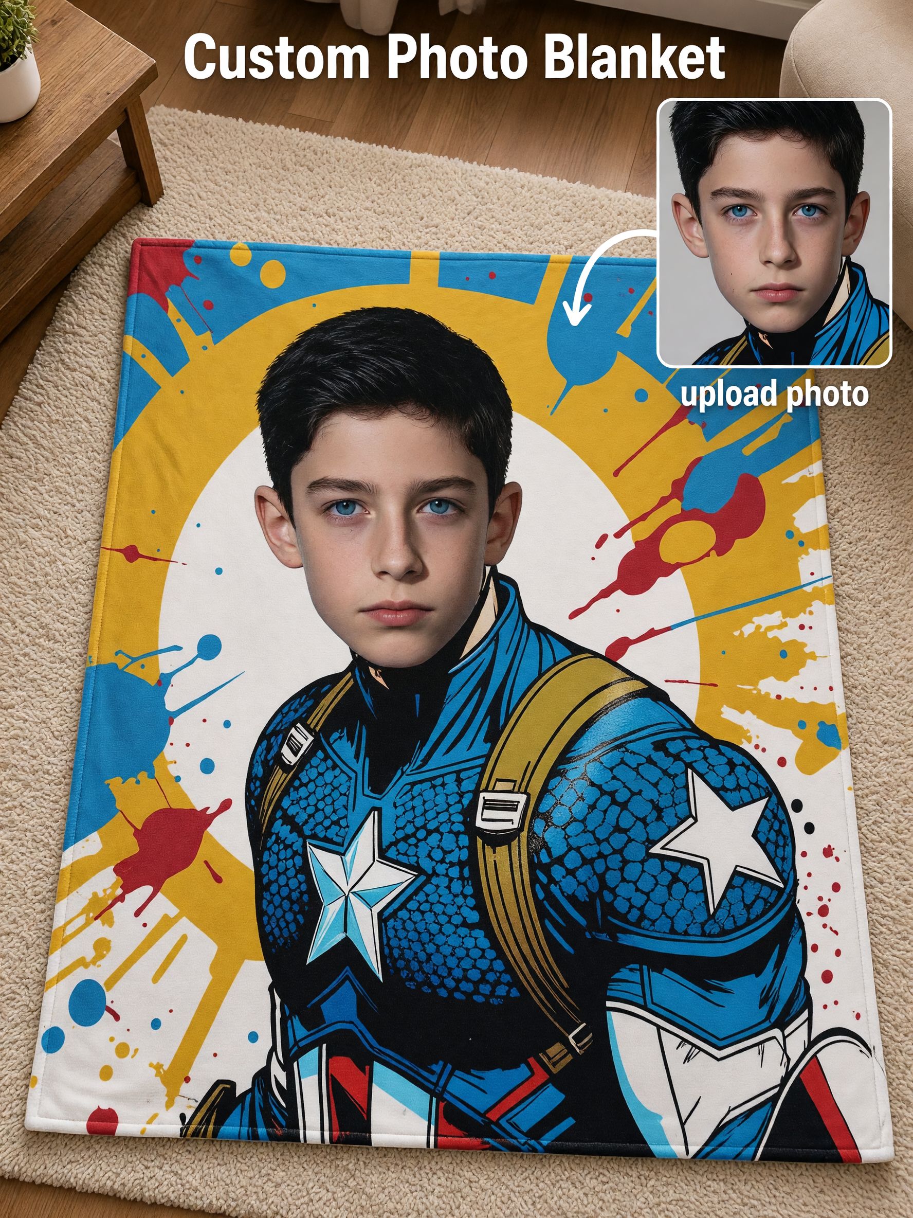 Custom Face Photo Blanket Personalized Superhero Flannel Throw, Ultra Soft Skin-Friendly Fleece Cozy Gift