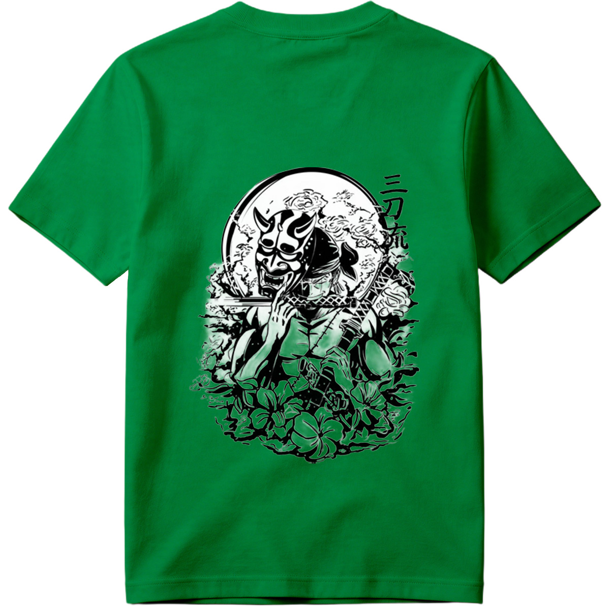 Samurai with Oni Mask and Katana in Floral Scene - Tee
