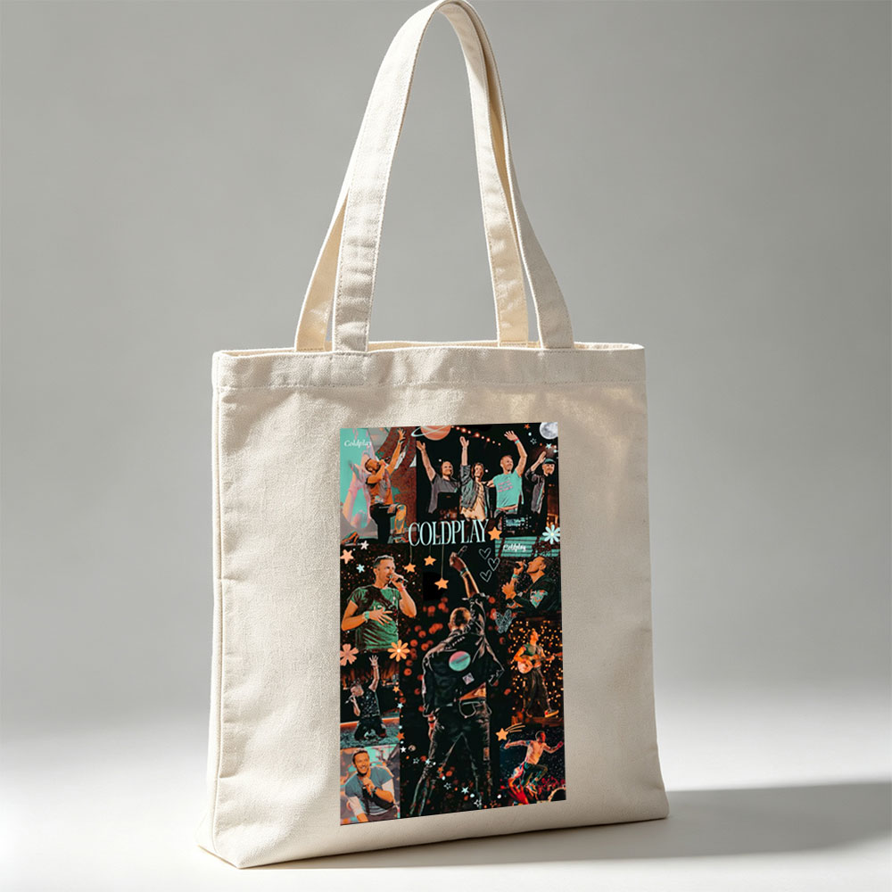 Coldplay Live Performance Collage Featuring Dynamic Concert Moments and Band Members on Stage - Canvas tote bags