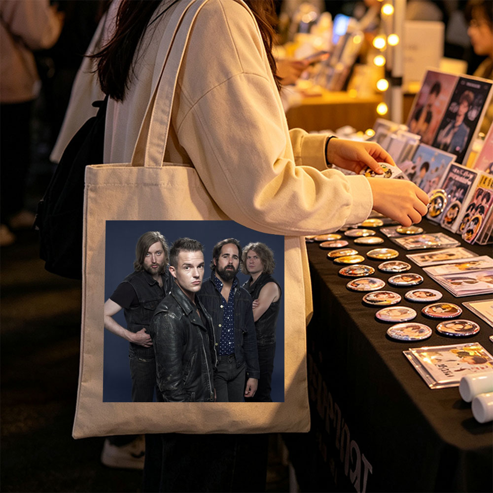 Imagine Dragons Band Members in Stylish Outfits Against Dark Background - Canvas tote bags