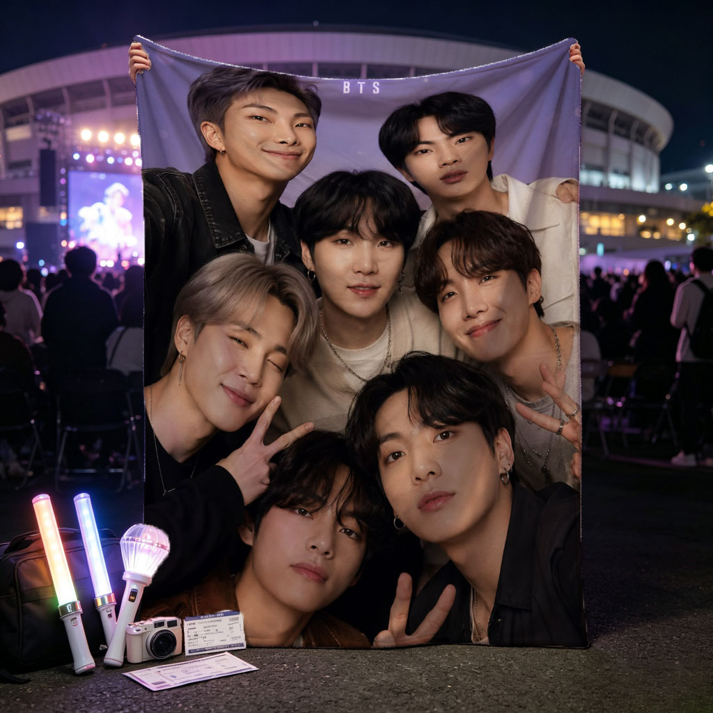 BTS Group Photo - Seven Members Posing Together with Peace Signs and Smiles Against a Purple Background - Blankets