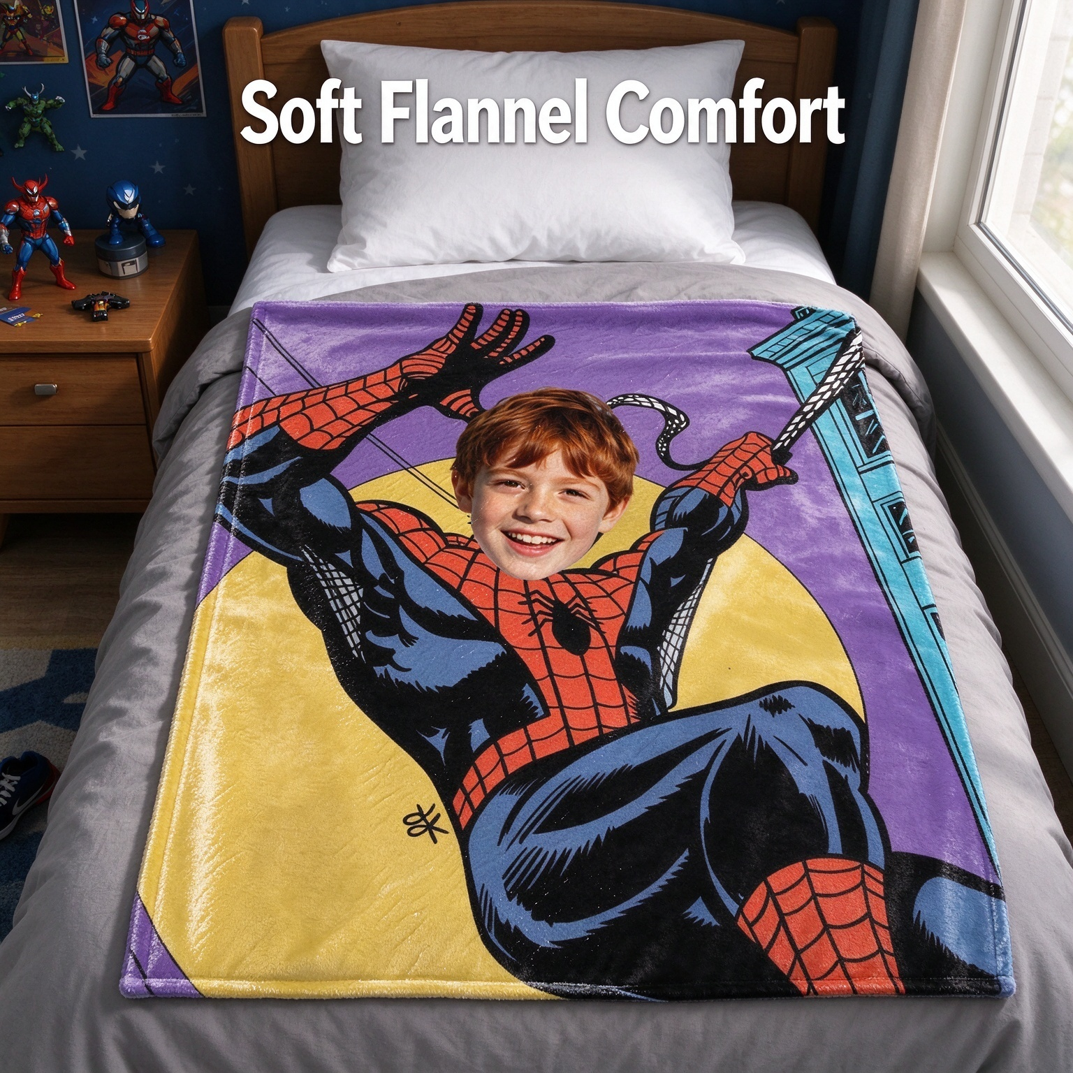 Personalized Face Superhero Flannel Fleece Throw Blanket Custom Photo Comic Character Keepsake Cozy Bed Couch Wrap