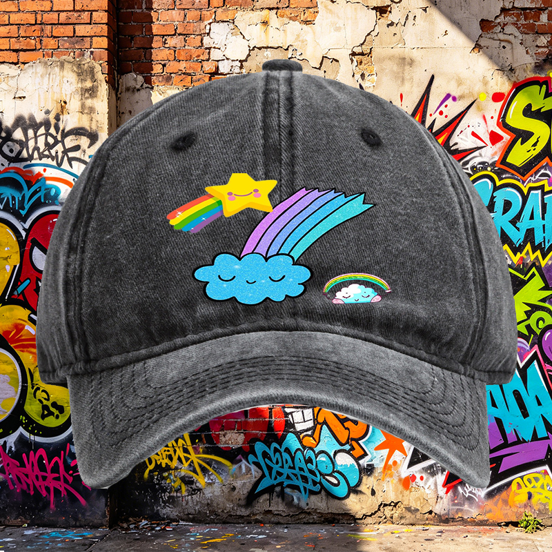 Unisex Classic Washed Cap with Rainbow Star Cloud Print | Casual Outdoor Hat for Youth and Adults | Perfect for Daily Wear, Travel, and Fun Activities