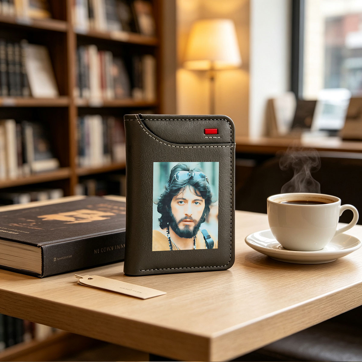 Bob Seger with sunglasses on head, wearing beads and a guitar strap - Vertical Style Wallet