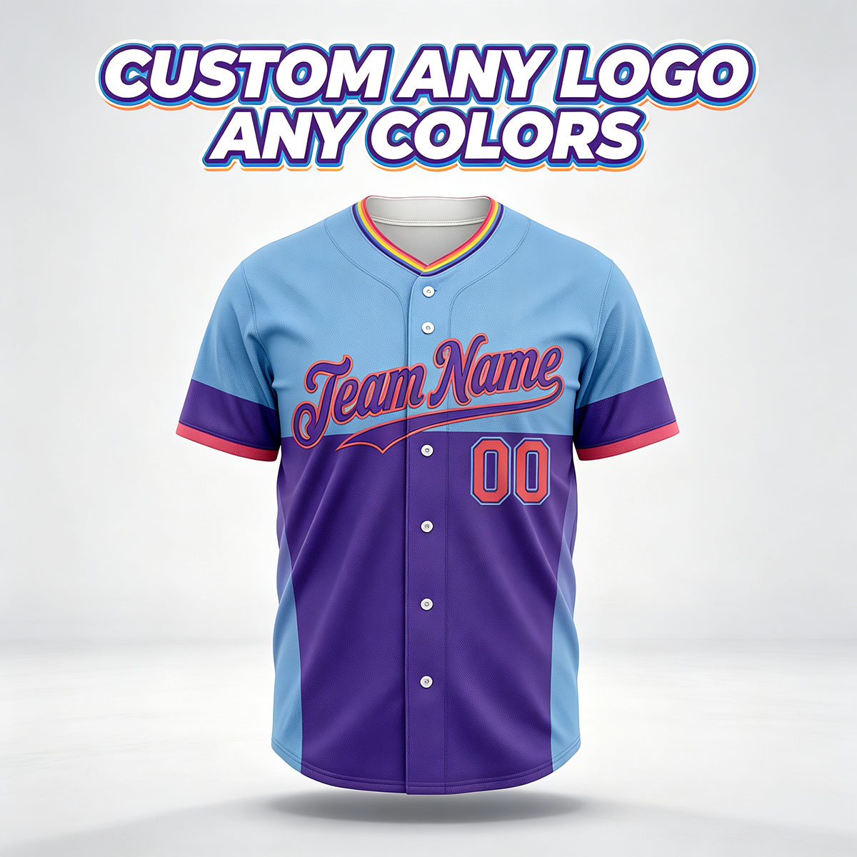 Custom Printed Denver Mountain Style Baseball Jersey Light Blue Purple Color Block Pullover V Neck Shirt for Men and Women