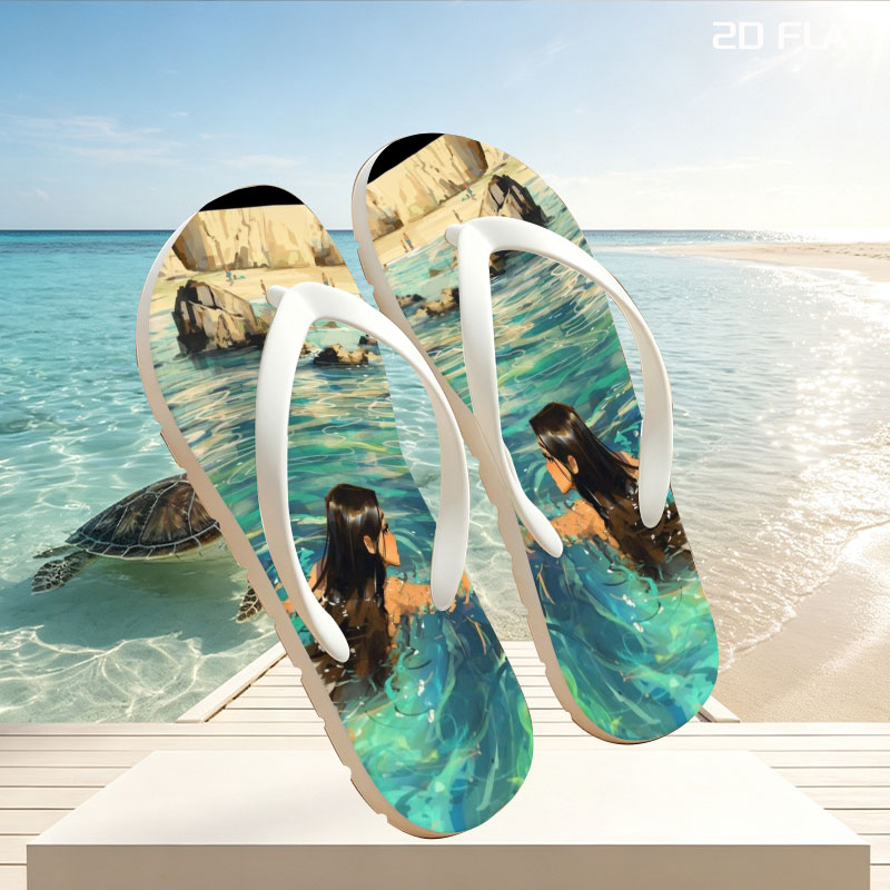 Woman swimming in clear blue water near rocky shore -  flip-flops