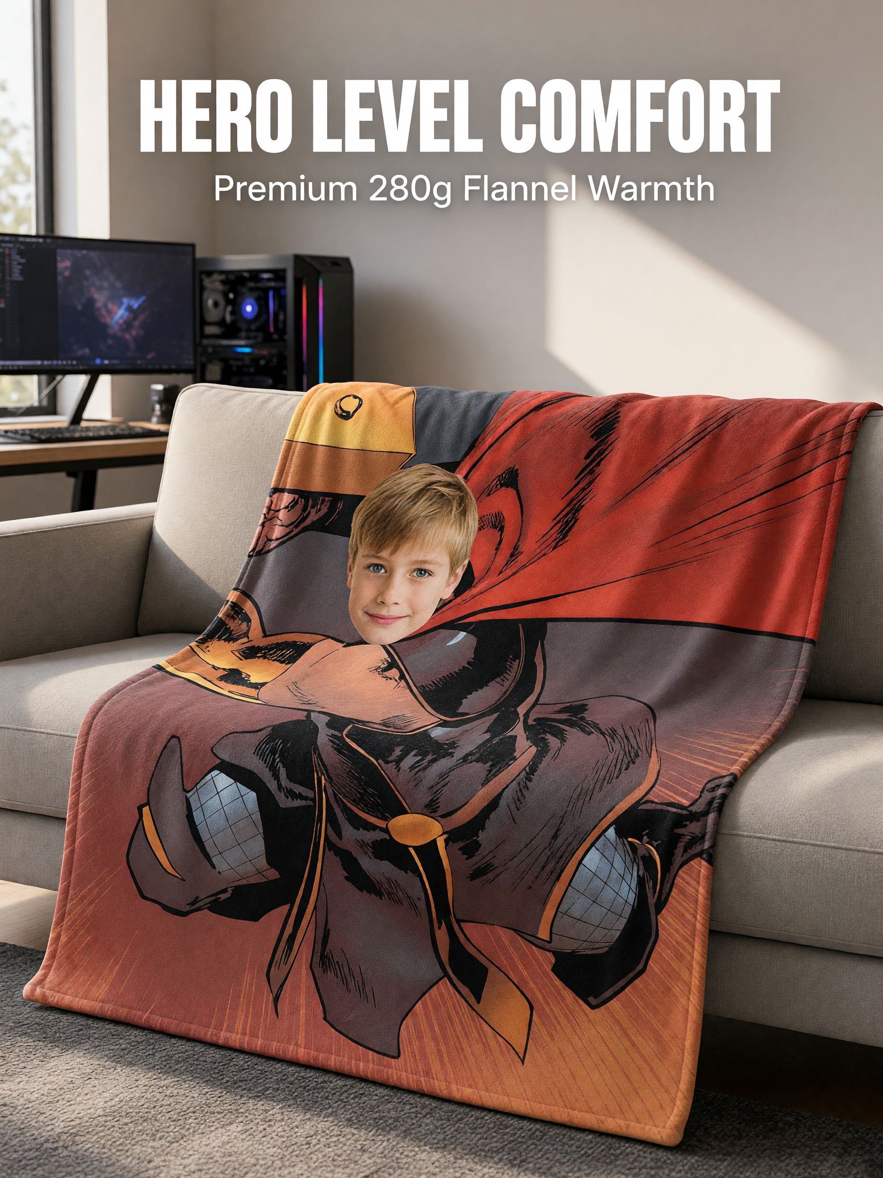 Custom Face Superhero Blanket Personalized Flannel Fleece Comic Throw for Kids Couch Bed Ideal Keepsake Gift