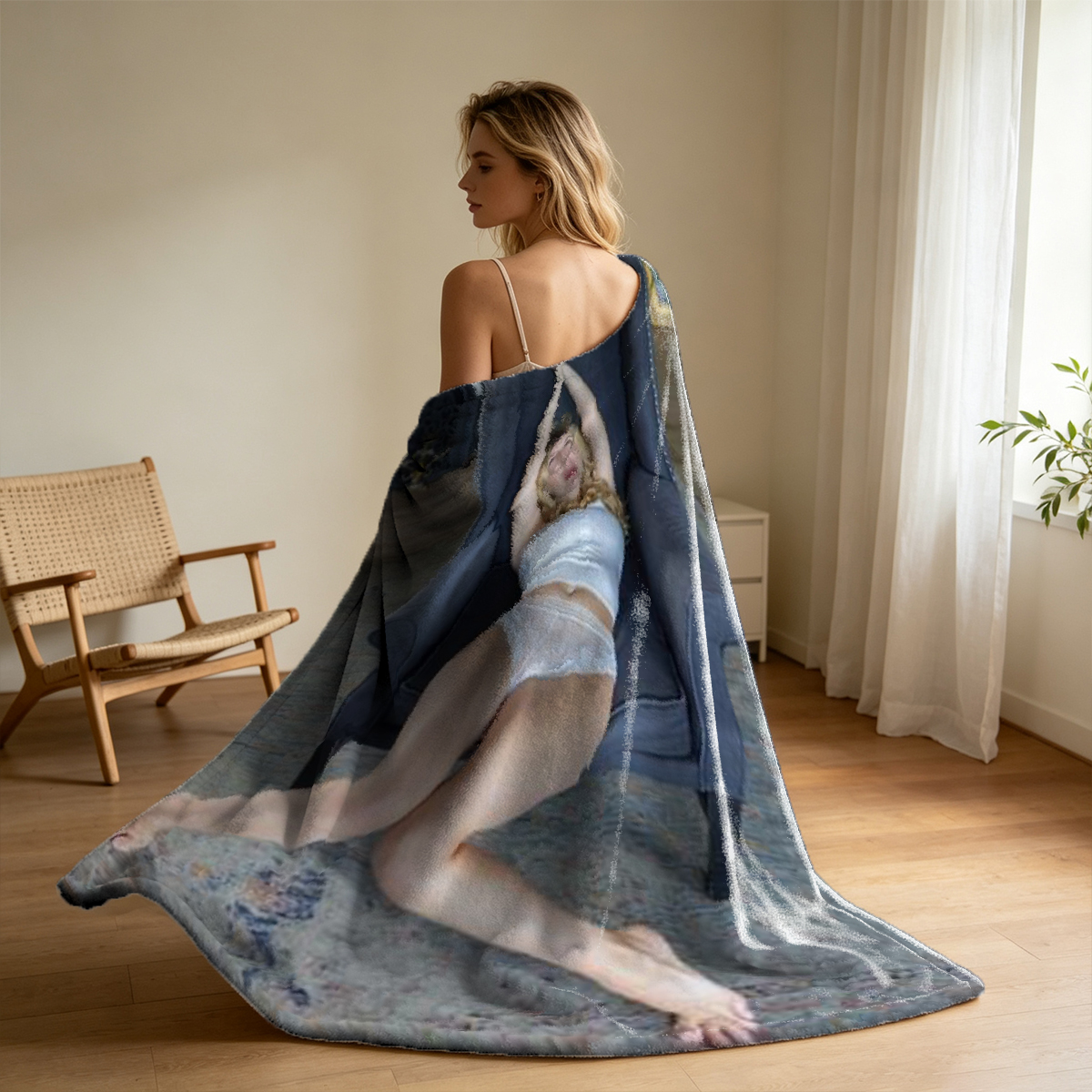 A woman in a blue and white off-shoulder jacket and thong posing by the window. - Blanket