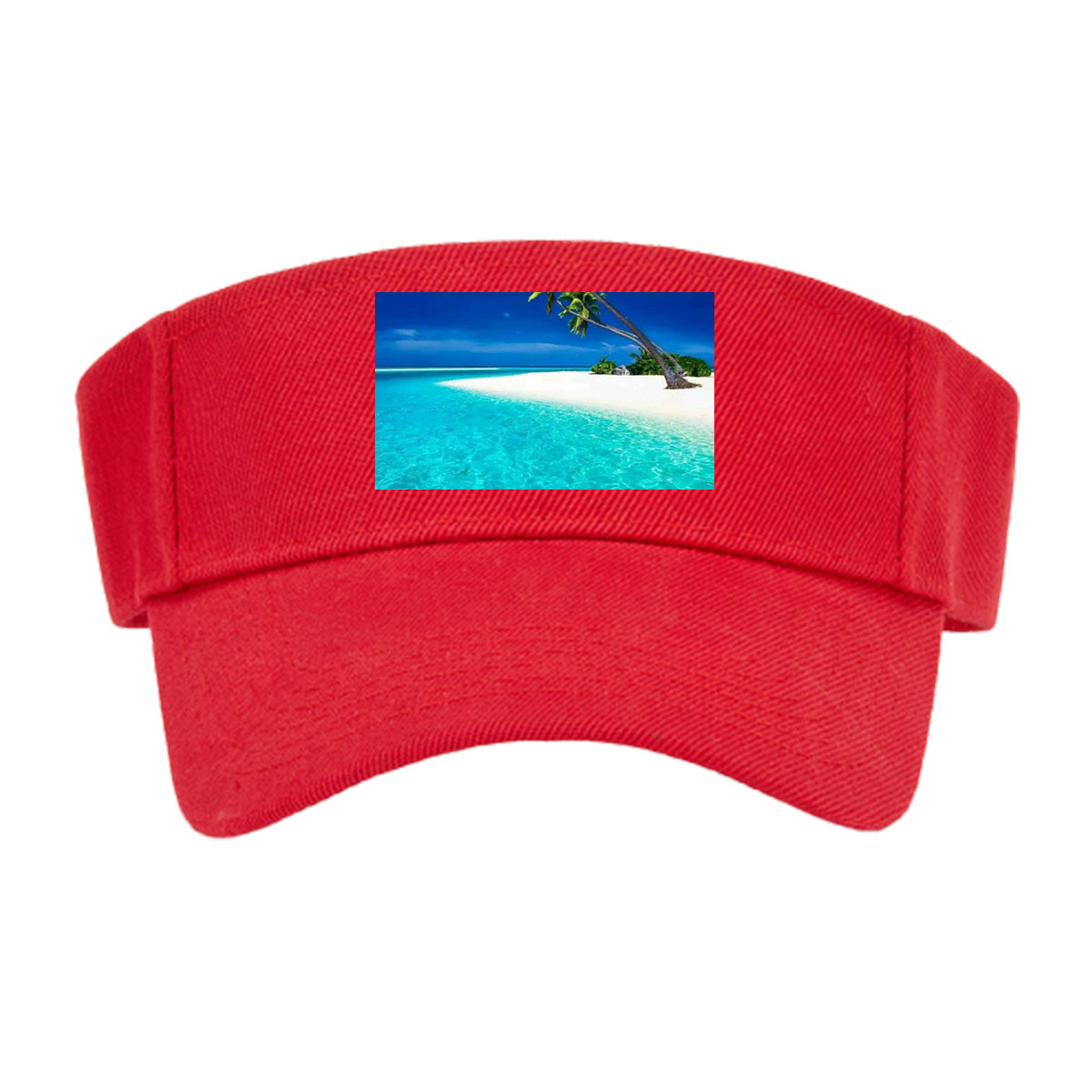 Serene tropical beach with crystal clear turquoise water and leaning palm trees under a vibrant blue sky. -  Visor cap