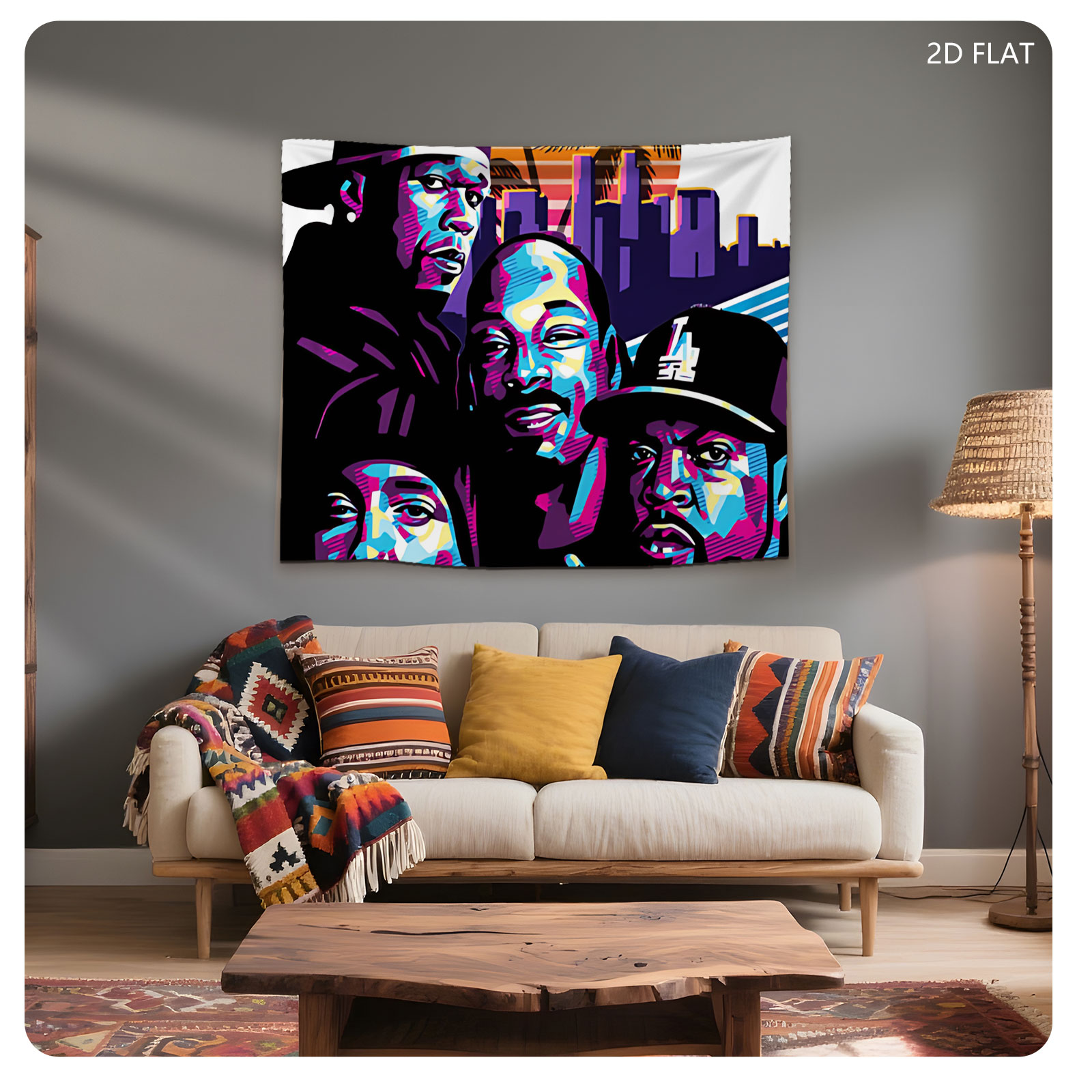N.W.A. - Compton's Most Wanted: Ice Cube, Dr. Dre, Eazy-E, and MC Ren in Vibrant Urban Art Style - Tapestry