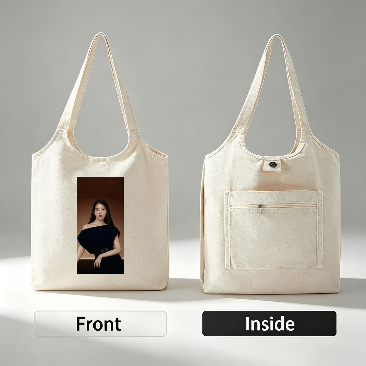 IU in Elegant Black Off-Shoulder Dress Against Warm Brown Background - Canvas shoulder bags/