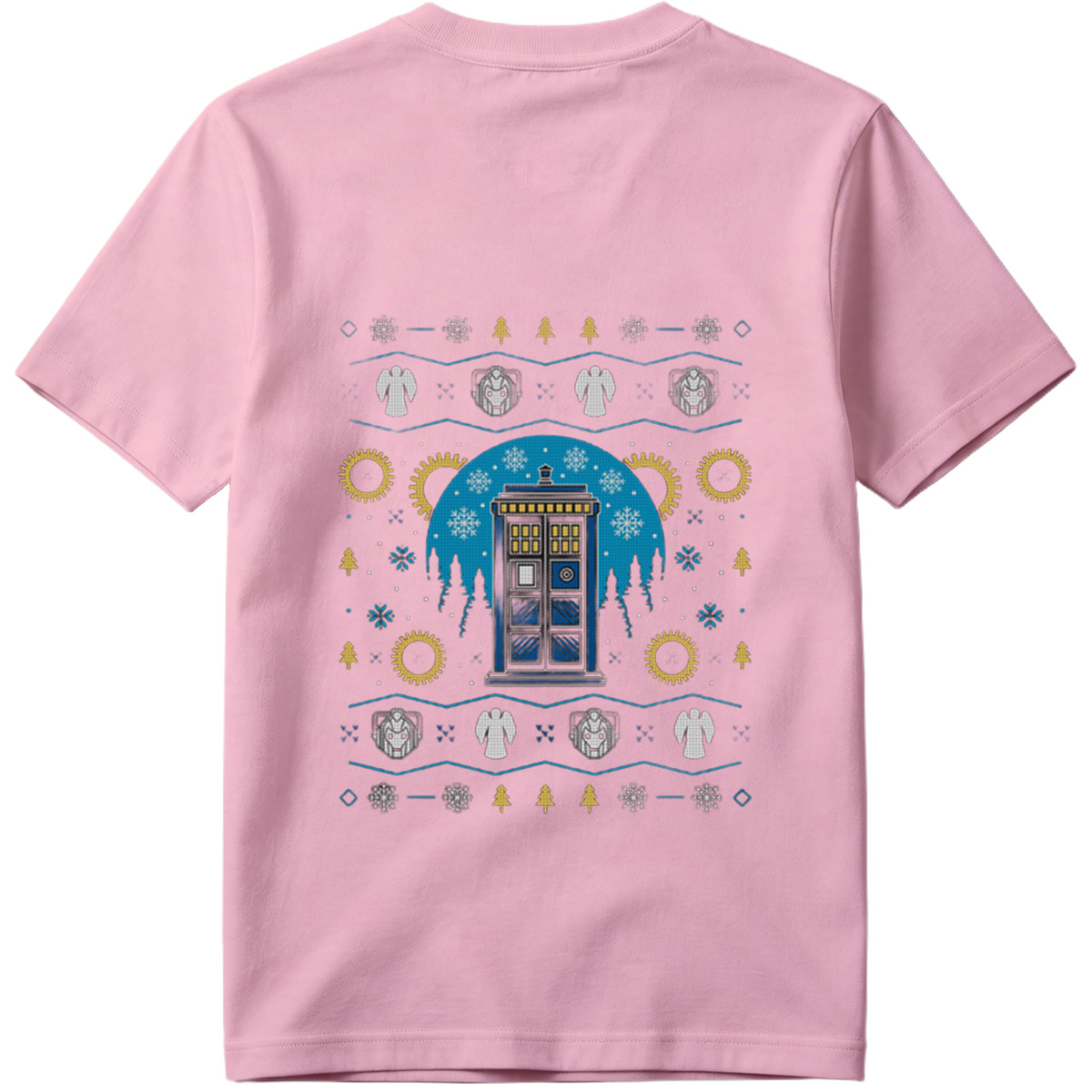 Doctor Who Christmas Sweater Design Featuring TARDIS, Weeping Angels, and Cybermen - Tee