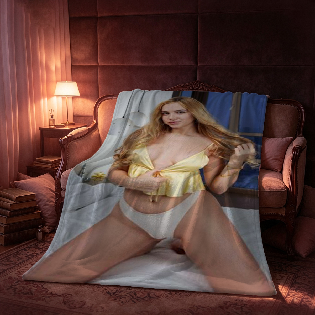 Elegant Asian Beauty in Pearl Bikini on Vintage Armchair - Blanket