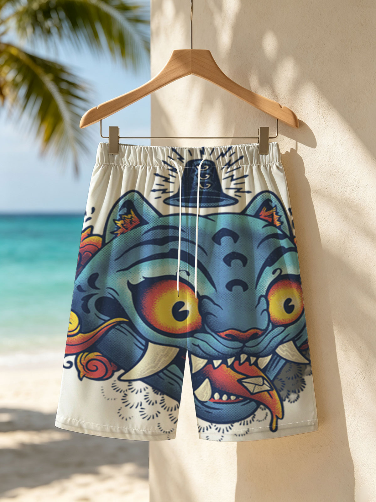 Blue Tiger with Bell and Envelope in Mouth -  Beach shorts
