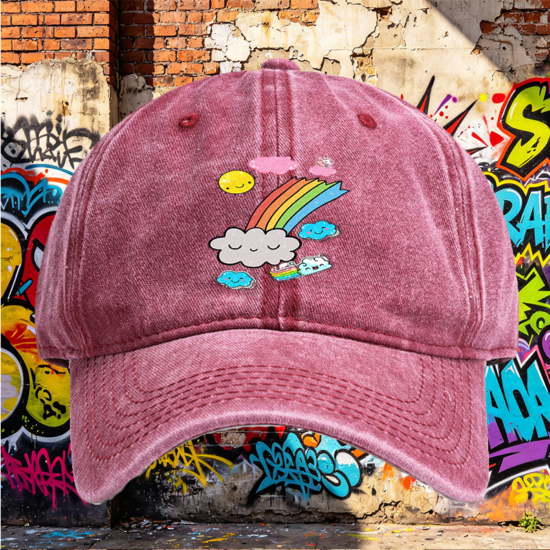 Unisex Classic Washed Cotton Hat with Rainbow Clouds and Sparkle Sun Print - Perfect for Outdoor Activities, Casual Wear, and Festival Outfits - Ideal for Teenagers and Young Adults Seeking Fun, Trendy Headwear