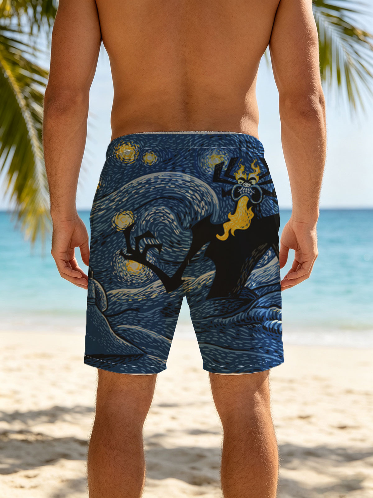 Samurai vs. Fiery Spider in Starry Night Landscape -  Beach shorts
