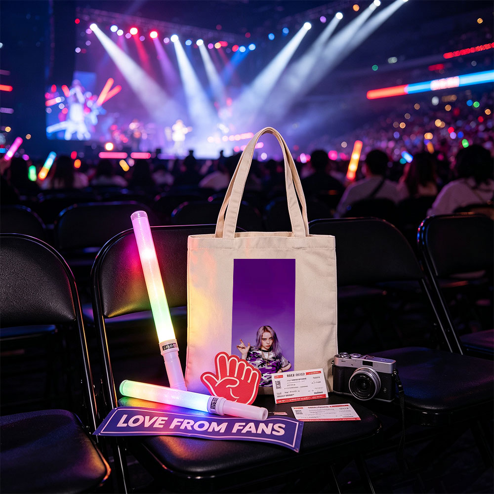Billie Eilish in Purple Camo Outfit Making Hand Gesture Against Vibrant Background - Canvas tote bags