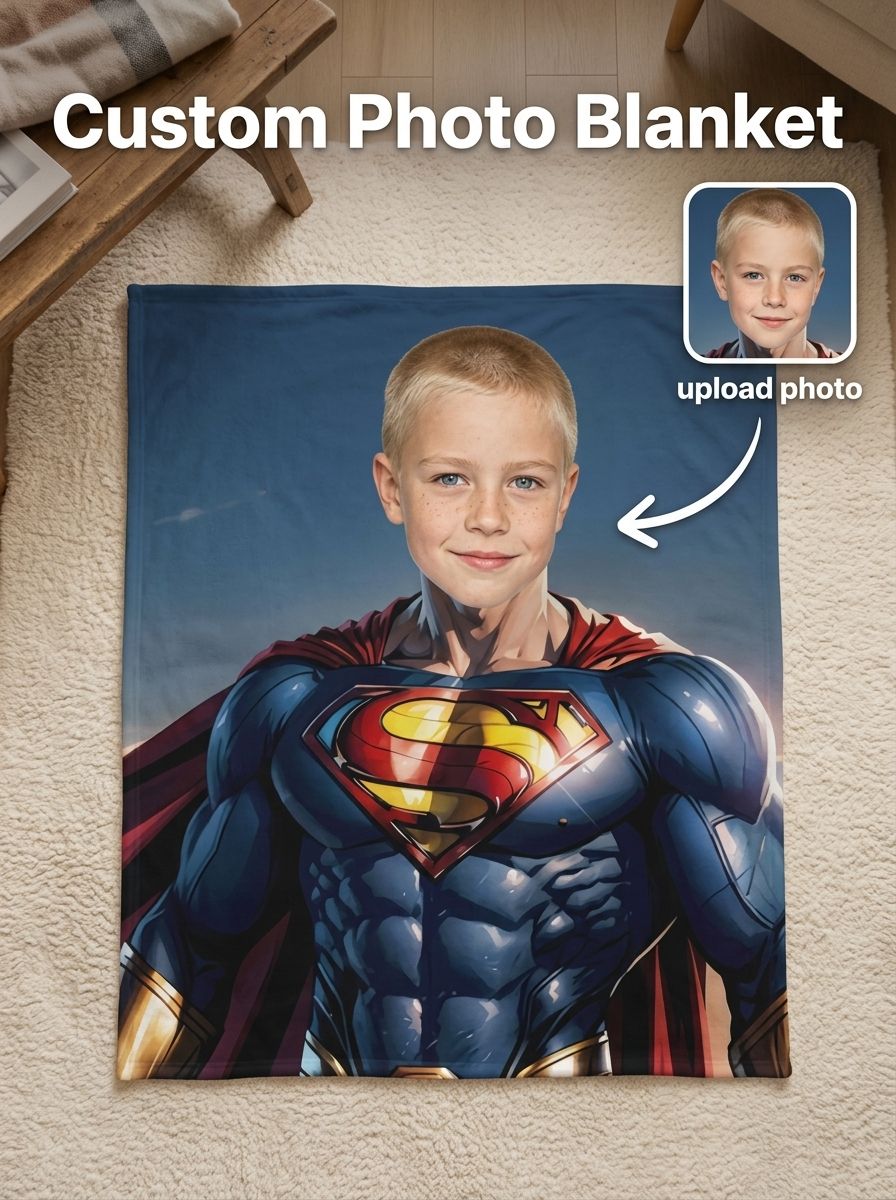 Custom Face Superhero Flannel Fleece Blanket Personalized Photo Throw for Bed and Couch Ideal Keepsake Gift