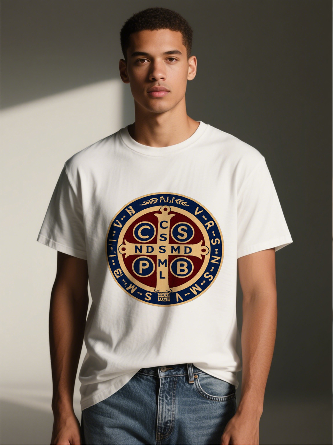 Men's Printed T-Shirt with Saint Benedict Medal Design and Religious Symbolism - Casual Round Neck Lightweight Breathable Summer Short Sleeve Tee for Faithful Men, Perfect for Daily Wear, Church, or Spiritual Activities