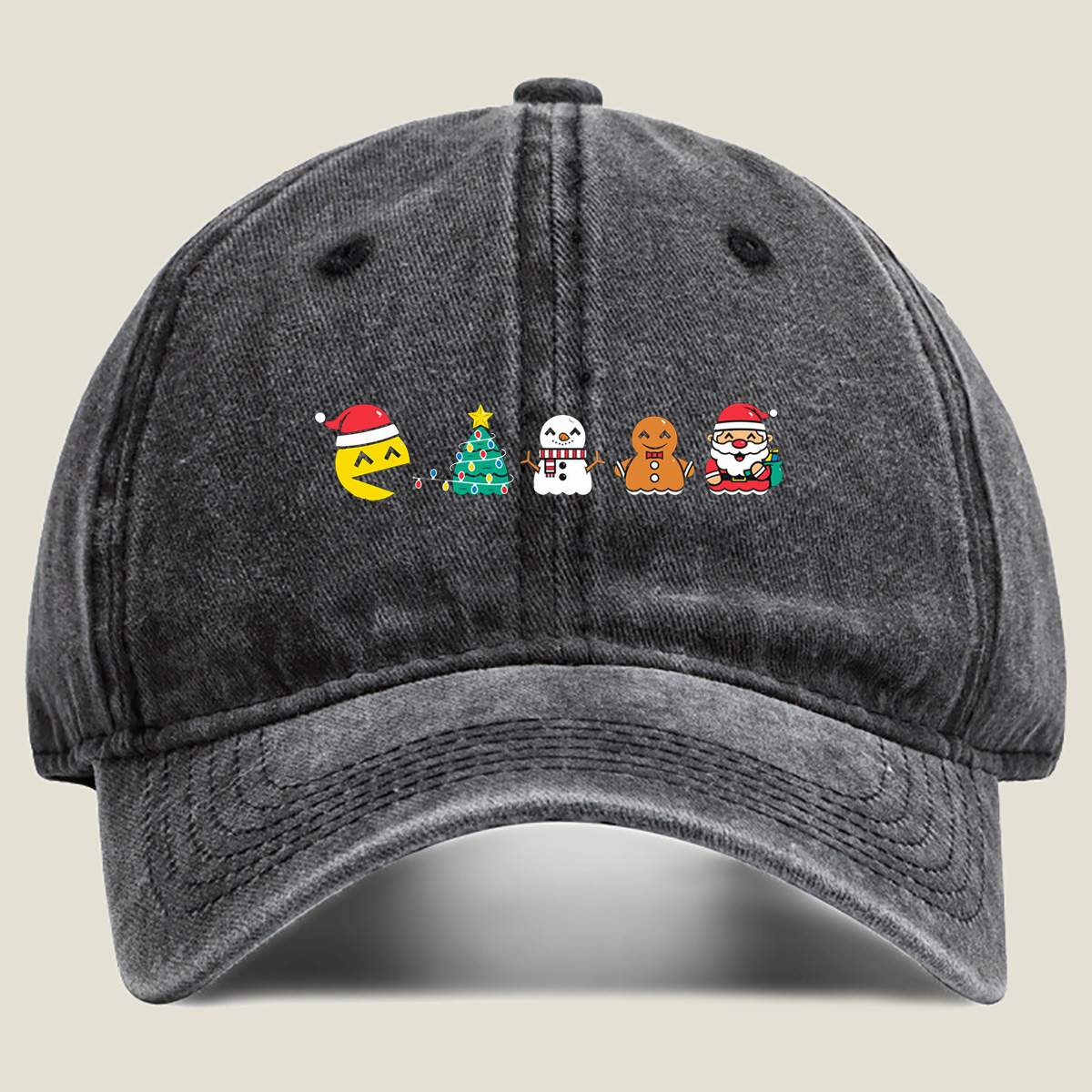 Pac-Man Christmas Characters: Pac-Man, Christmas Tree, Snowman, Gingerbread Man, Santa Claus - Washed Denim - Baseball Cap