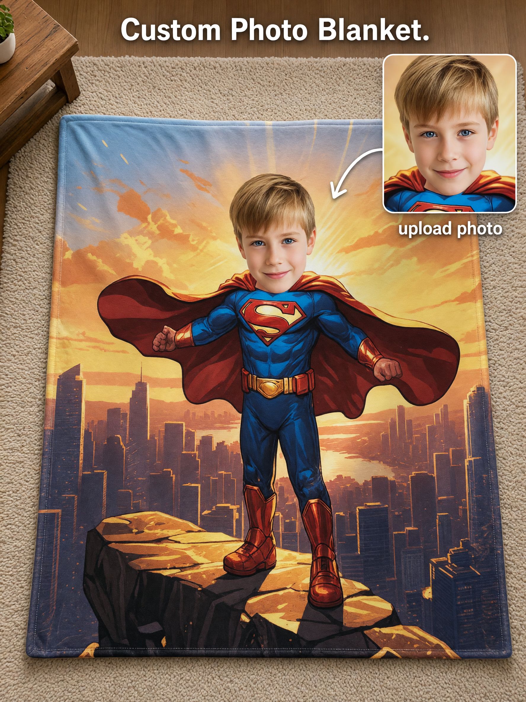 Personalized Superhero Face Photo Blanket Soft Plush Flannel Throw Cover Ideal Custom Gift for Kids