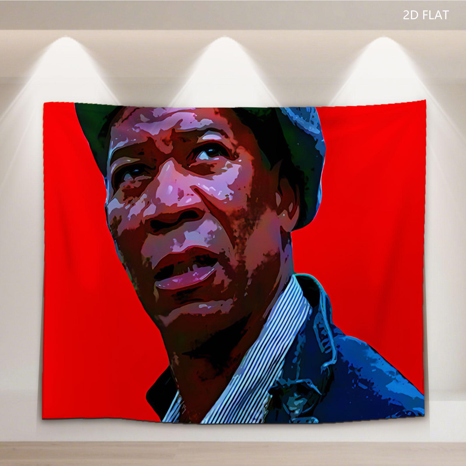 Morgan Freeman in a blue cap and jacket against a red background - Tapestry