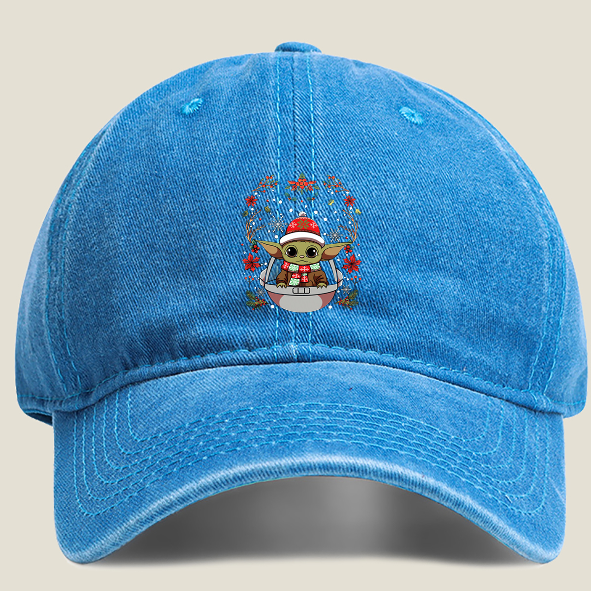 Baby Yoda Christmas Design - Washed Denim - Baseball Cap
