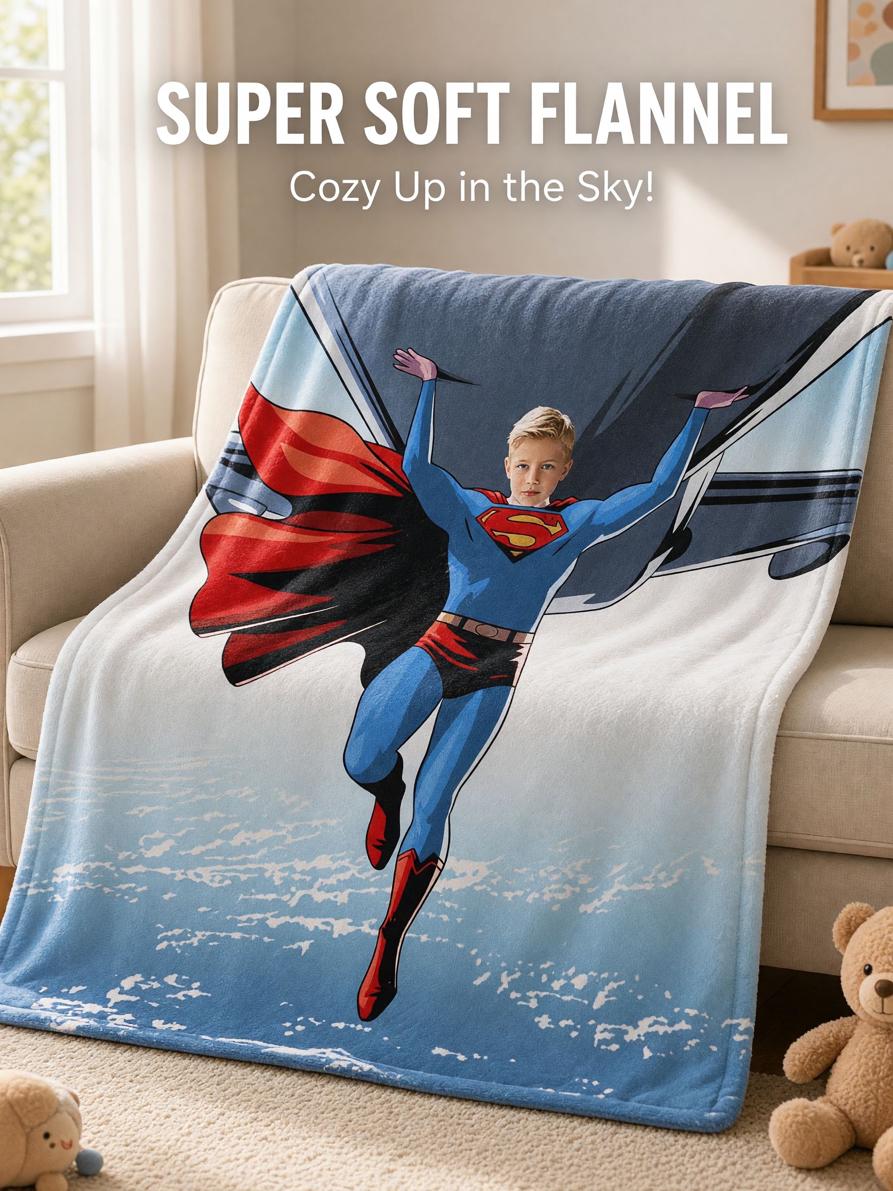 Custom Superhero Photo Blanket Personalized Face Flannel Fleece Throw Soft Warm Bed Couch Keepsake Gift for Kids