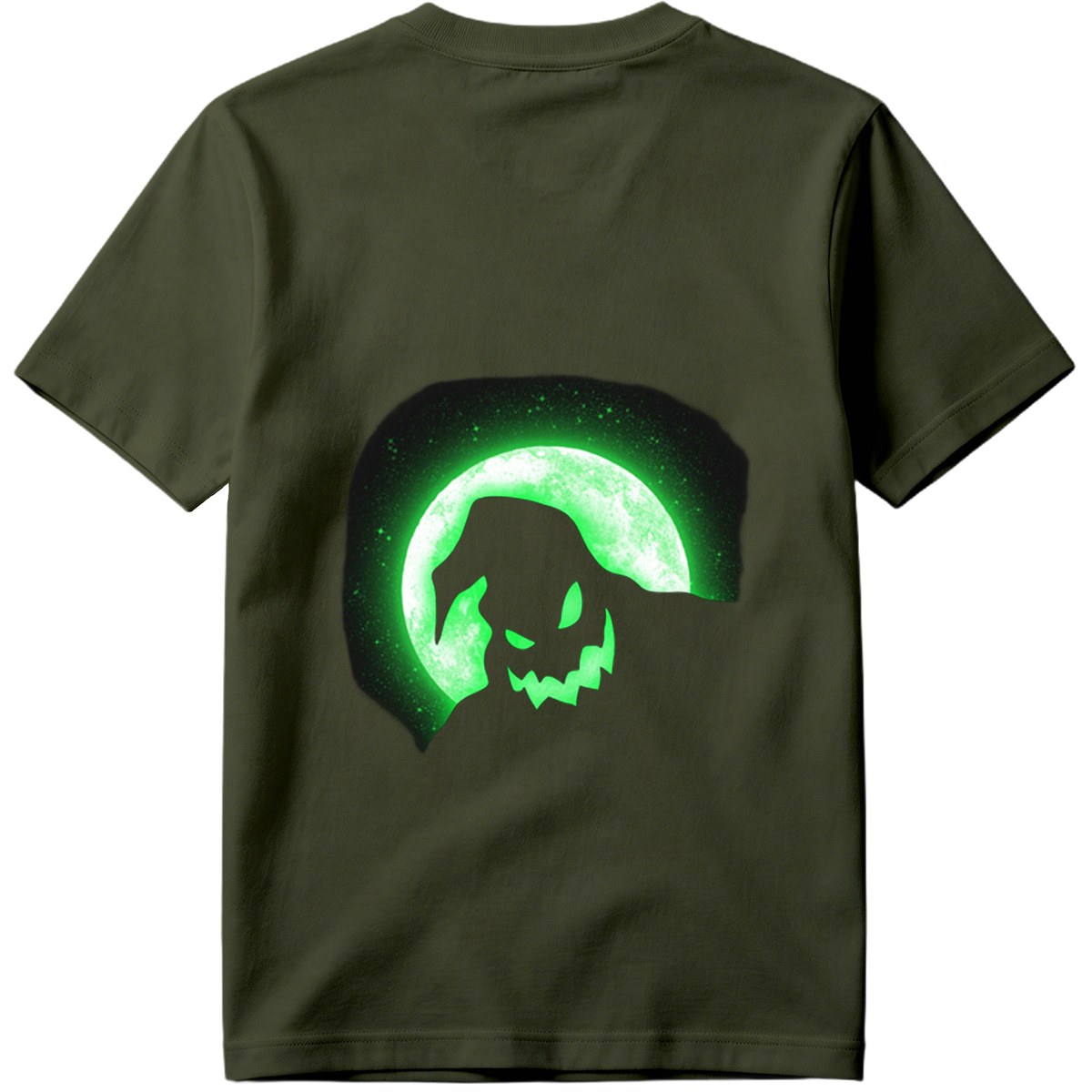 Pumpkin Head Silhouette Against Green Moon - Tee