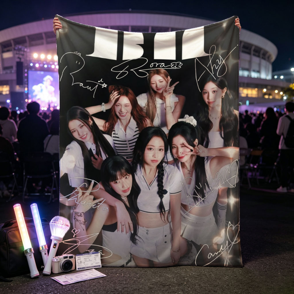 BABYMONSTER Group Photo with Members in Coordinated Outfits and Signatures on a Sparkling Background - Blankets