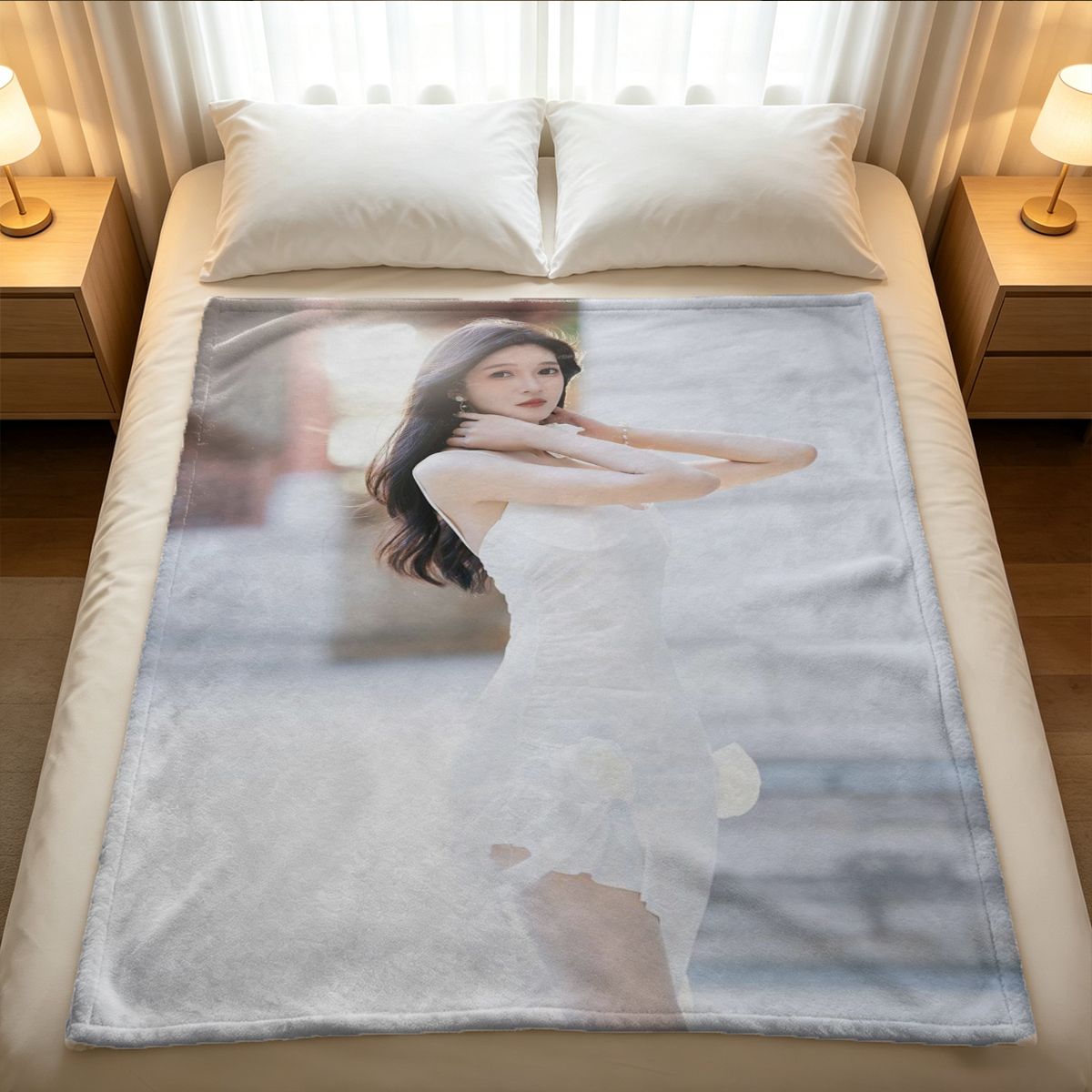 A blindfolded woman in black lingerie and stockings on all fours on the rug in a Christmas living room. - Blanket