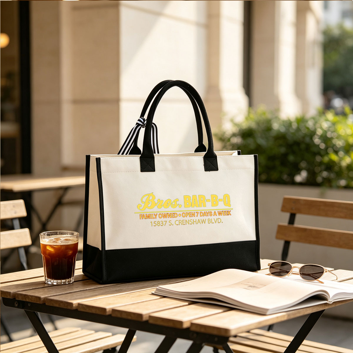 Bros. BAR-B-Q: Family Owned BBQ Restaurant at 15837 S. Crenshaw Blvd, Open 7 Days a Week - Canvas patchwork gift tote bag